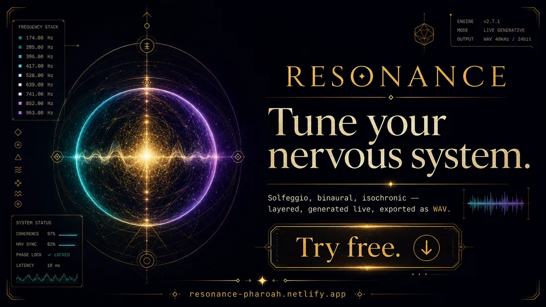 Resonance — Tune your nervous system. Solfeggio, binaural and isochronic tones, layered and generated live, exported as WAV.