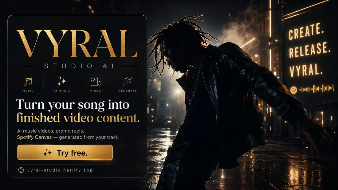 VYRAL Studio AI — Turn your song into finished video content. AI music videos, promo reels and Spotify Canvas, generated from your track.